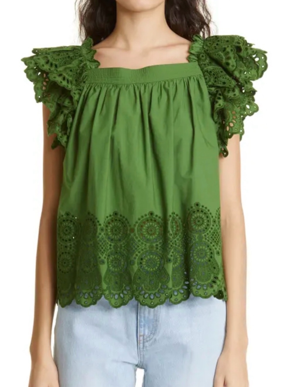 Ulla Johnson Green Eyelet Flutter-Sleeve Top